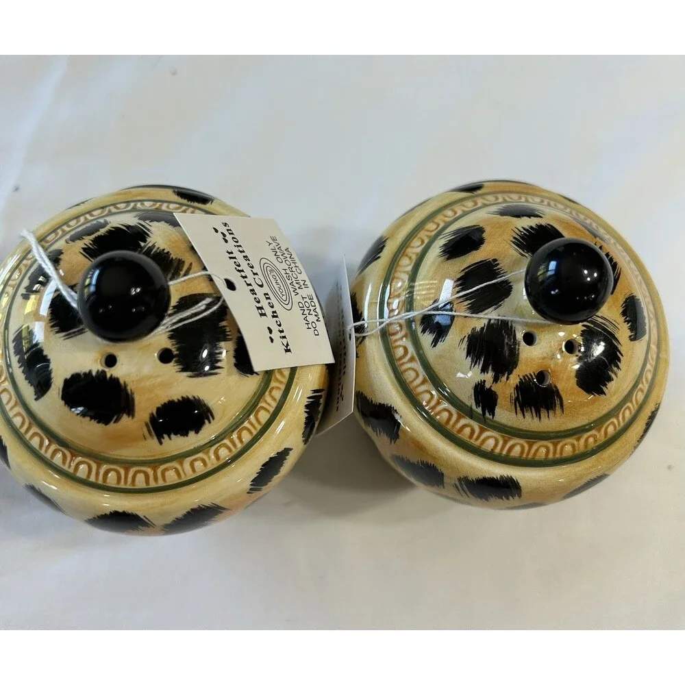 Safari Leopard Salt And Pepper Shaker Set Tropical Orange Black Ceramic 4x3”